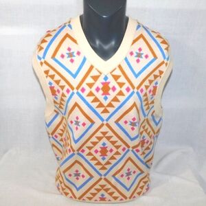 Funky Southwestern Knit Sweater Vest Cream Tan Blue Pink DJAB for SIMONS mens L